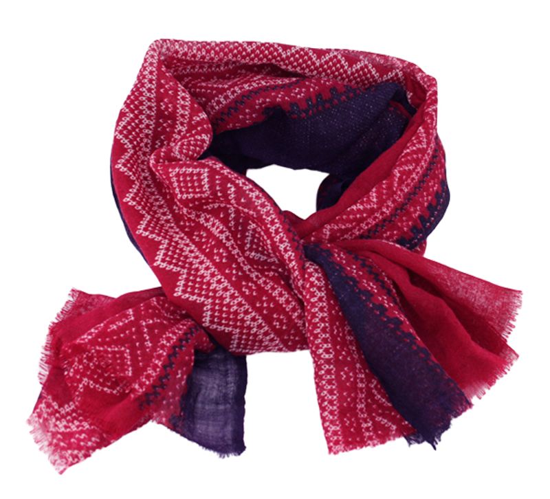 Wool scarf, MARIUS® pattern, raspberry red/white/purple