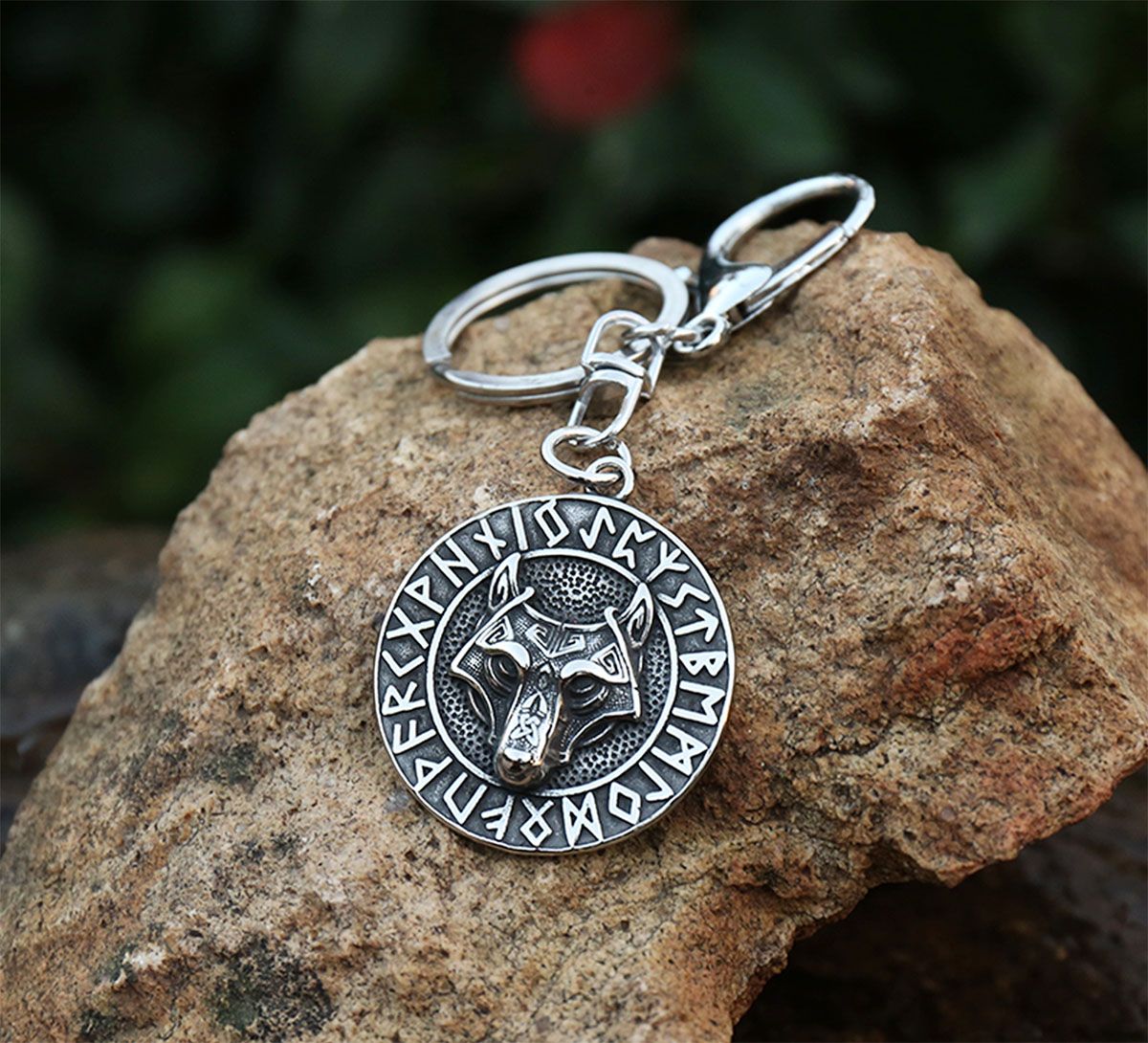 Viking keychain, Fenrir wolf and runes